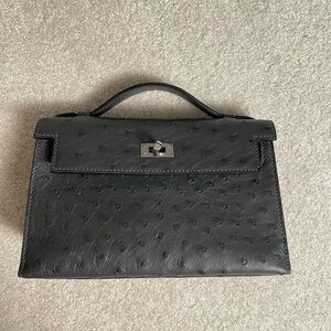 Ostrich Leather Grey Handbag with Silver Hardware